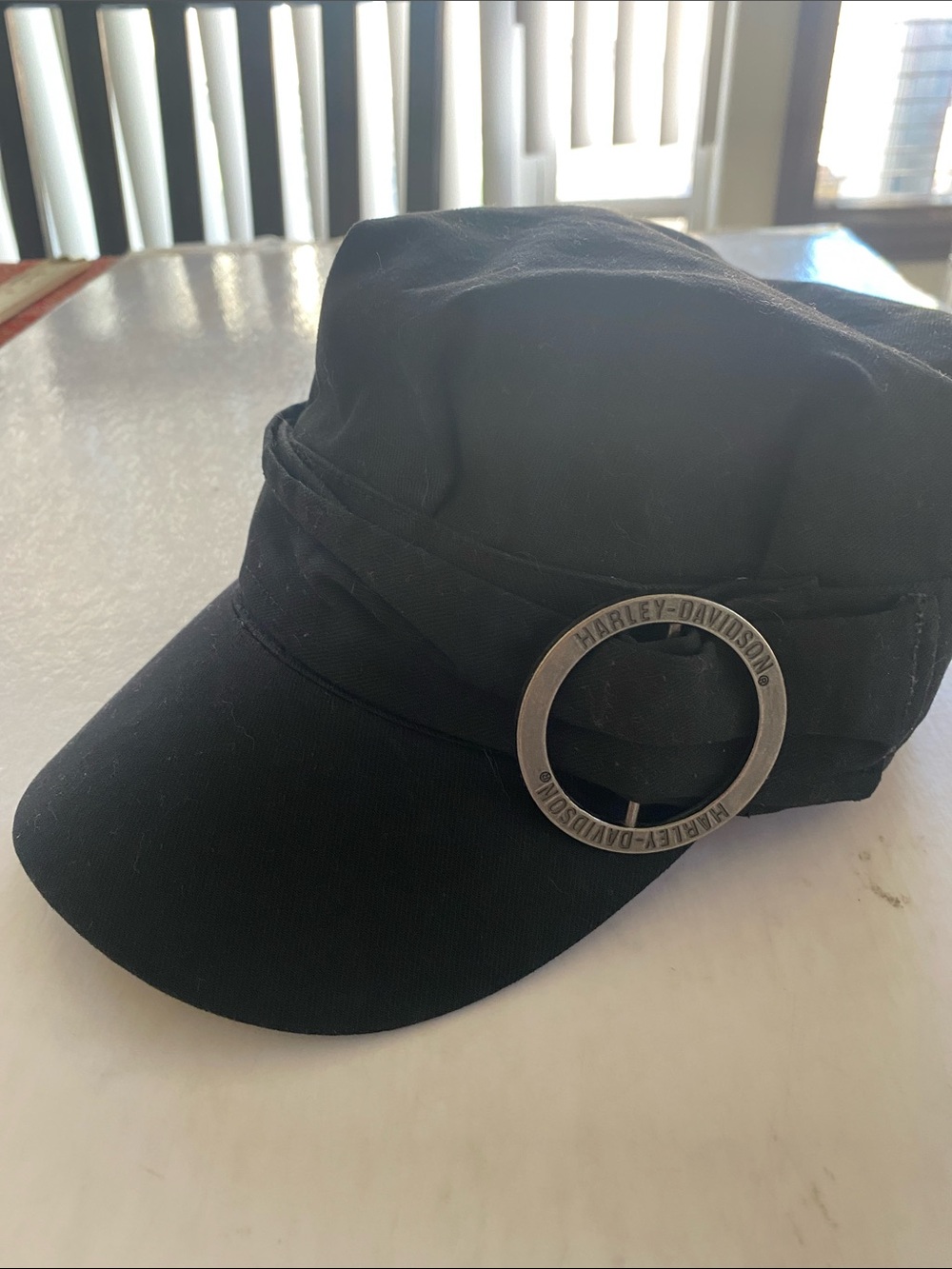 Harley-Davidson Black Cotton Military Cadet Cap Metal Ring Biker Hat Size S